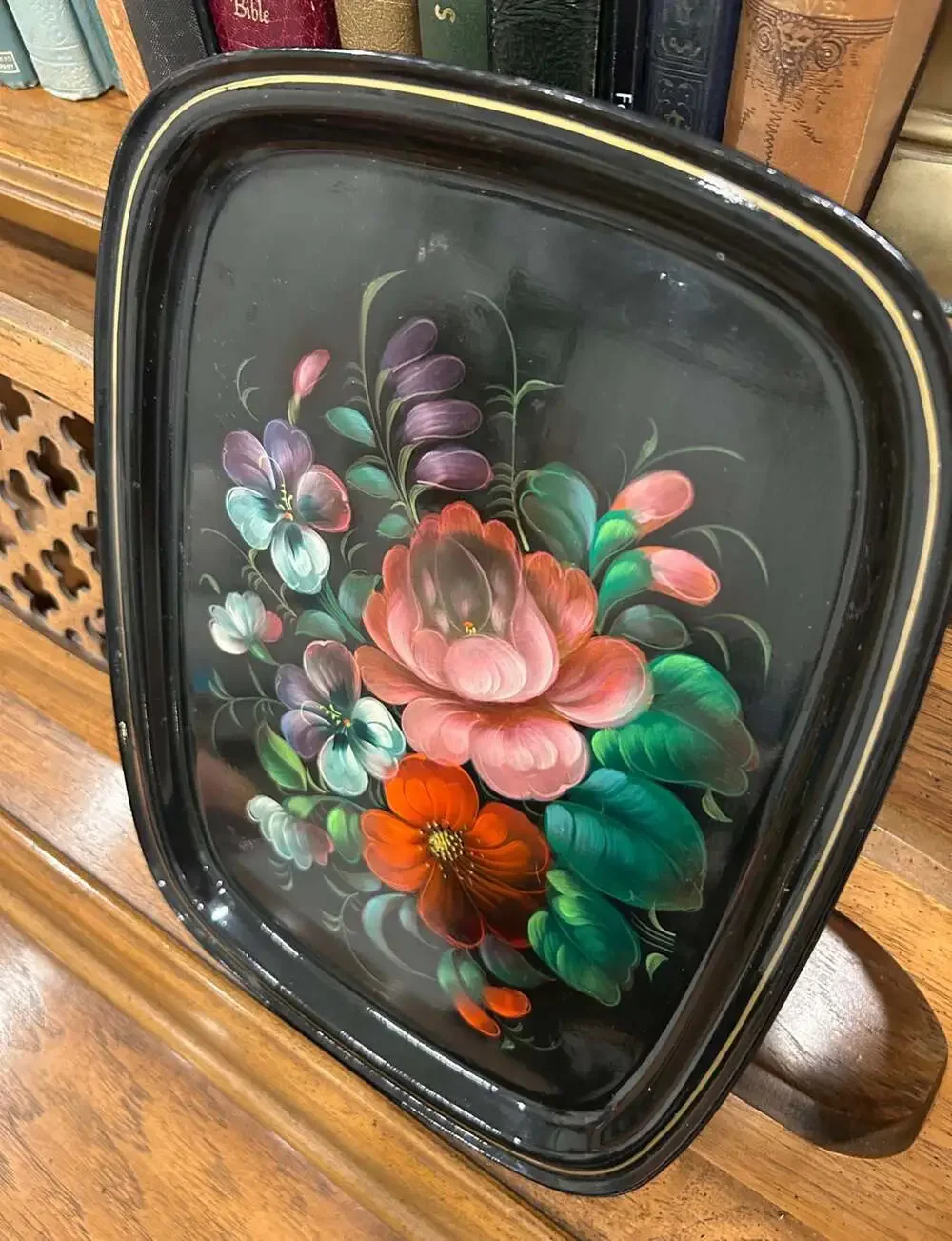 Vintage USSR Soviet Hand Painted Metal Floral Serving Tray